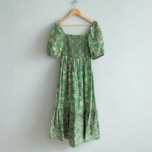 House Of Harlow Midi Dress Floral Designer Smocked Cotton Emerald Green Size S